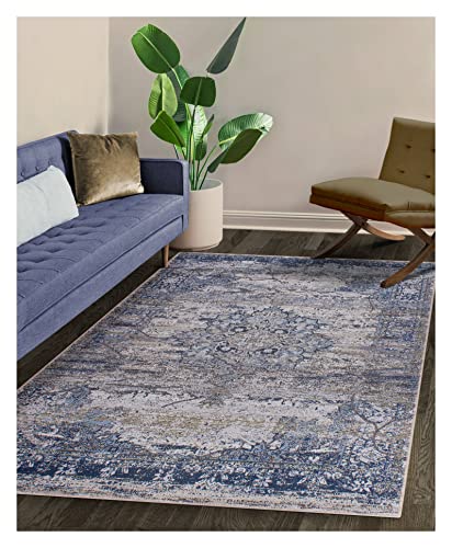 GLN Rugs Machine Washable Area Rug, Rugs for Living Room, Rugs for Bedroom, Bathroom Rug, Kitchen Rug, Printed Vintage Rug, Home Decor Traditional Carpet (Blue/Cream, 3' x 5'2")