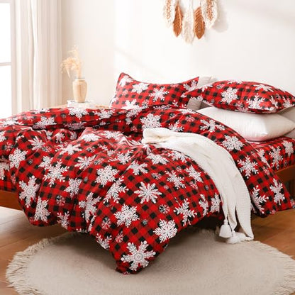 JSD Red Buffalo Plaid Snowflakes Printed Duvet Cover Set Queen Size, 3 Piece Soft Christmas Winter Microfiber Duvet Comforter Covers
