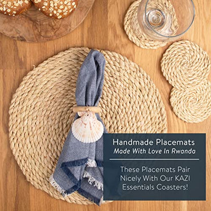 KAZI Essentials Boho Round Woven Placemats – Set of 6, Natural Wicker Raffia Placemats, Braided Heat Resistant Non-Slip Weave, Eco-Friendly Handmade by African Artisans (13" Round, Natural Raffia)