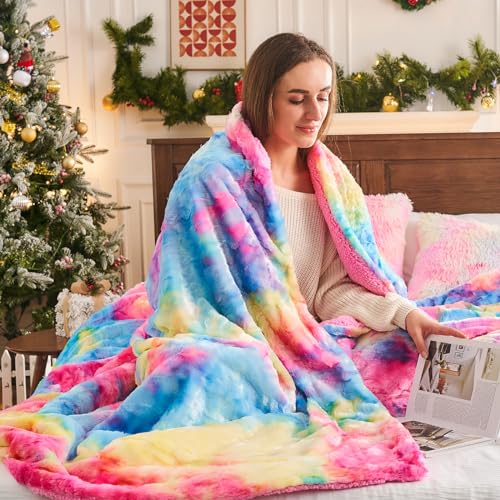 Y2K Rainbow Faux Fur Throw Blanket - Super Soft Faux Fur Throw Blanket Premium Sherpa Backing Warm and Cozy Throw Decorative for Bedroom Sofa Floor (Dark Rainbow, Throw(40"x50"))