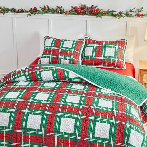 3 Pieces Christmas Quilt Set Full Queen Size, Red Green and White Buffalo Check Plaid Printed Bedspread Bedding Set Ultra Soft Microfiber Coverlet for Winter Xmas Festival - 1 Comforter + 2 Shams