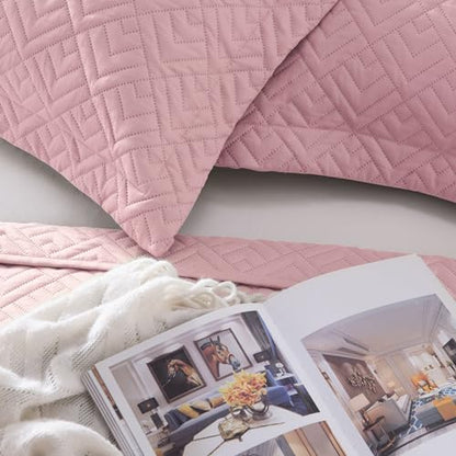 EXQ Home Quilt Set Full/Queen Size Pure Pink 3 Piece,Lightweight Soft Coverlet Modern Style Squares Pattern Bedspread Set for All Season(1 Quilt,2 Pillow Shams)