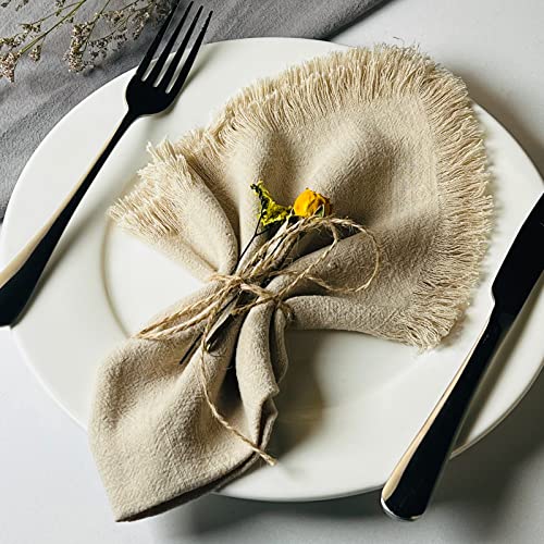 Dololoo Handmade Cloth Napkins with Fringe,18 x 18 Inches Cotton Linen Napkins Set of 4 Versatile Handmade Square Rustic Fringe Napkins for Dinner, Wedding and Parties, Beige