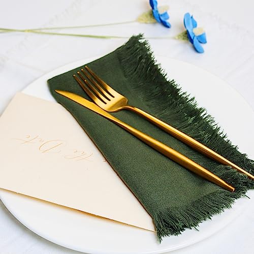 Dololoo Handmade Cloth Napkins with Fringe,18 x 18 Inches Cotton Linen Napkins Set of 4 Versatile Handmade Square Rustic Fringe Napkins for Dinner, Wedding and Parties, Olive Green