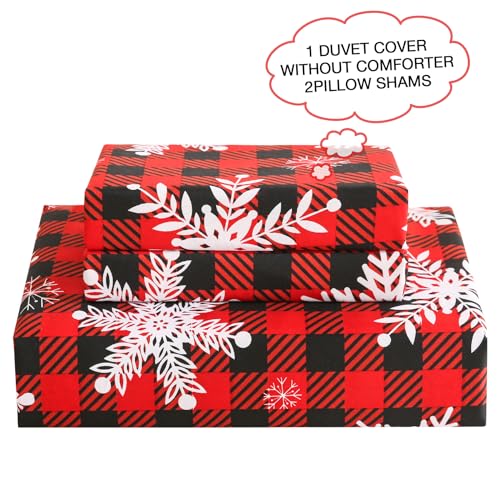 JSD Red Buffalo Plaid Snowflakes Printed Duvet Cover Set Queen Size, 3 Piece Soft Christmas Winter Microfiber Duvet Comforter Covers