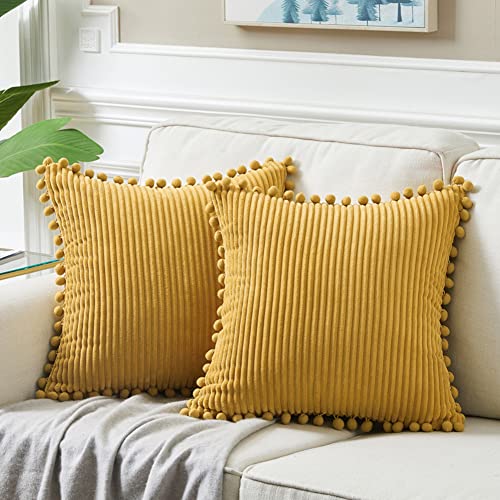 Fancy Homi Pack of 2 Mustard Yellow Fall Decorative Throw Pillow Covers 18x18 Inch with Pom-poms for Living Room Couch Bedroom, Soft Corduroy Solid Square Cushion Case 45x45 cm, Boho Home Decor