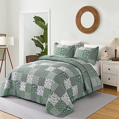 Boho Green Queen Quilt Set - 3-Piece Reversible Soft Plaid Floral Bedding Set with 2 Pillow Shams