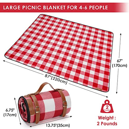Large Red Check Picnic Blanket, 79" x 59" Thick Soft Fleece with Carrier