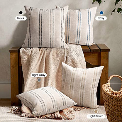 AELS 18x18 Decorative Farmhouse Linen Throw Pillow Covers, Boho Textured Pillow Case, Set of 2,Beige with White & Navy Blue Stitch Yarn Dyed Stripe Cushion Cover for Sofa Couch Living Room(Cover ONLY)