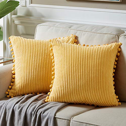 Fancy Homi Pack of 2 Yellow Accent Decorative Throw Pillow Covers with Pom-poms, Soft Corduroy Solid Square Cushion Pillow Case Set for Couch Sofa Bedroom Car Living Room (18x18 Inch/45x45 cm, Yellow)
