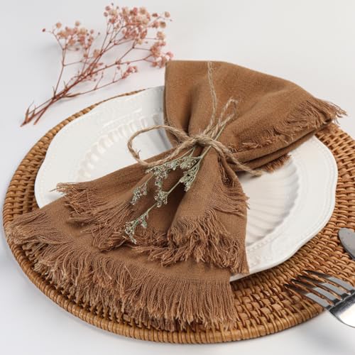 Dololoo Handmade Cloth Napkins with Fringe,18 x 18 Inches Cotton Linen Napkins Set of 4 Versatile Handmade Square Rustic Fringe Napkins for Dinner, Wedding and Parties, Taupe