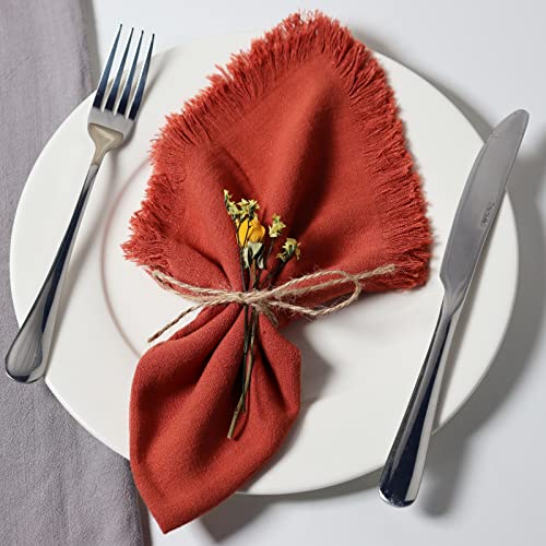Dololoo Handmade Cloth Napkins with Fringe,18 x 18 Inches Cotton Linen Napkins Set of 4 Versatile Handmade Square Rustic Fringe Napkins for Dinner, Wedding and Parties, Terracotta