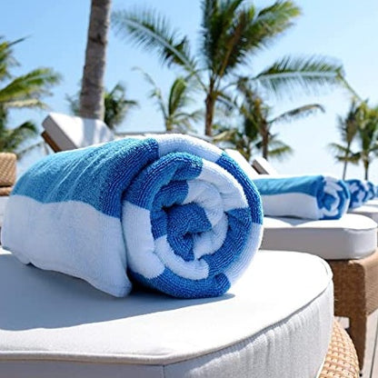 XL Cabana Stripe Cotton Beach Towel Large - Navy Blue - Luxury Plush Thick Hotel Swim Pool Towels - 2 Pack