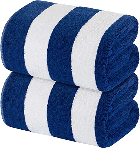 XL Cabana Stripe Cotton Beach Towel Large - Navy Blue - Luxury Plush Thick Hotel Swim Pool Towels - 2 Pack