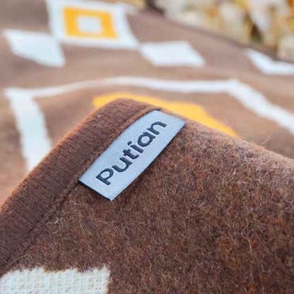PuTian Merino Wool Blanket - Warm Thick Washable 87" x 63" Large Throw for Outdoors Camping Couch Bed Trave, Brown Check