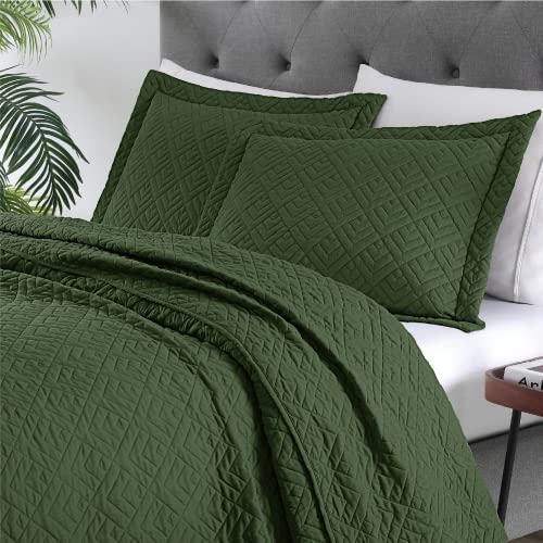 EXQ Home Quilt Set Full Queen Size Olive Green 3 Piece,Lightweight Soft Coverlet Modern Style Squares Pattern Bedspread Set(1 Quilt,2 Pillow Shams)