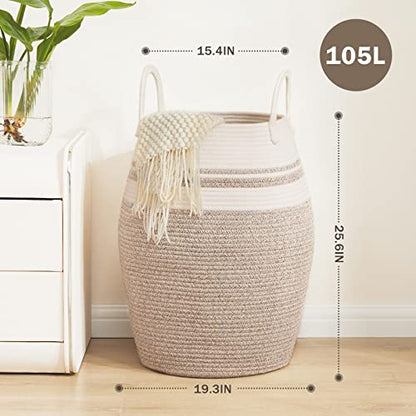 105L Extra Large Laundry Hamper Basket by Fiona's magic, Woven Tall Clothes Hamper for Storage Blanket, Toys and Dirty Cothes in Bedroom and Living Room Organizer, Brown & White