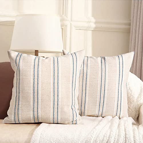 AELS 18x18 Decorative Farmhouse Linen Throw Pillow Covers, Boho Textured Pillow Case, Set of 2,Beige with White & Navy Blue Stitch Yarn Dyed Stripe Cushion Cover for Sofa Couch Living Room(Cover ONLY)