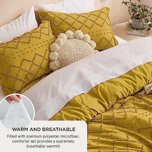 Bedsure Queen Comforter Set - Mustard Yellow Comforter, Boho Tufted Shabby Chic Bedding Comforter Set, 3 Pieces Vintage Farmhouse Bed Set for All Seasons, Fluffy Bedding Set with 2 Pillow Shams