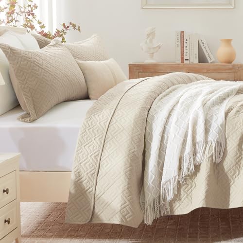 EXQ Home Quilt Set Full/Queen Size Beige 3 Piece,Lightweight Soft Coverlet Modern Style Squares Pattern Bedspread Set for All Season(1 Quilt,2 Pillow Shams)