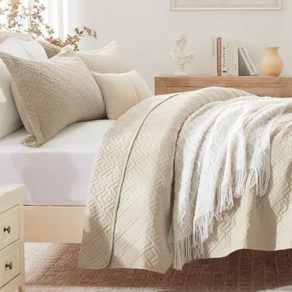 EXQ Home Quilt Set Full/Queen Size Beige 3 Piece,Lightweight Soft Coverlet Modern Style Squares Pattern Bedspread Set for All Season(1 Quilt,2 Pillow Shams)