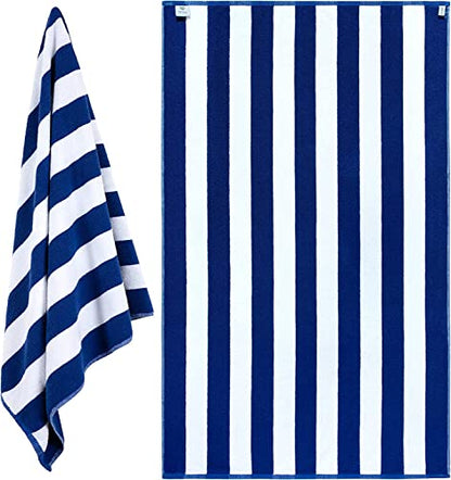 XL Cabana Stripe Cotton Beach Towel Large - Navy Blue - Luxury Plush Thick Hotel Swim Pool Towels - 2 Pack