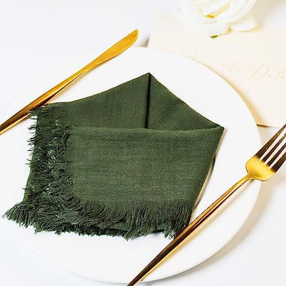 Dololoo Handmade Cloth Napkins with Fringe,18 x 18 Inches Cotton Linen Napkins Set of 4 Versatile Handmade Square Rustic Fringe Napkins for Dinner, Wedding and Parties, Olive Green