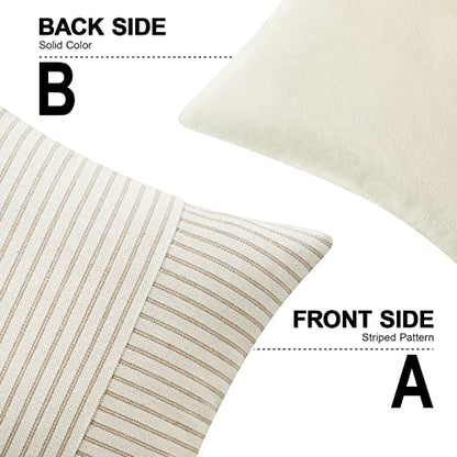 MIULEE Khaki and Beige Patchwork Farmhouse Pillow Covers 18x18 Inch, Pack of 2 Striped Linen Decorative Modern Accent Pillow Cases for Sofa Couch Bedroom