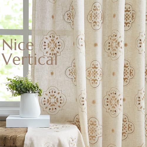 JINCHAN Linen Curtains 84 Inch Long Embroidery Floral Country Farmhouse Curtains for Living Room Rustic Rod Pocket Back Tab Light Filtering Window Curtains Drapes Taupe Bedroom Curtains, 2 Panels 55"W