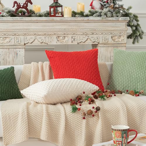 Kevin Textile Pillow Covers Decorative Set of 2 Striped Corduroy Plush Velvet Pillowcases Cushion Cover for Couch, 18x18 inch, Cream