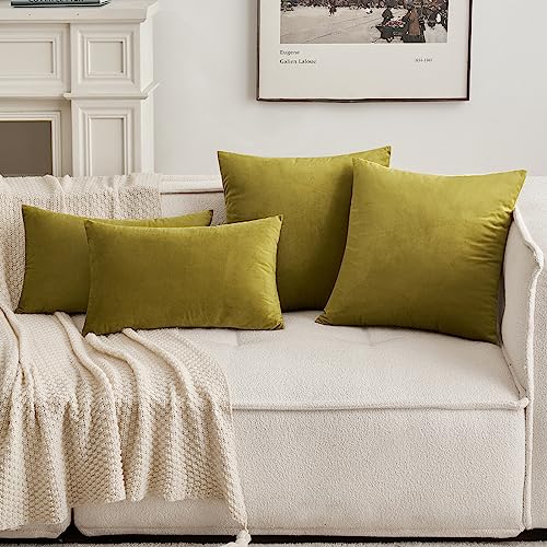 MIULEE Pack of 2 Olive Velvet Throw Pillow Covers 18x18 Inch Soft Solid Decorative Square Set Cushion Cases for Spring Couch Sofa Bedroom