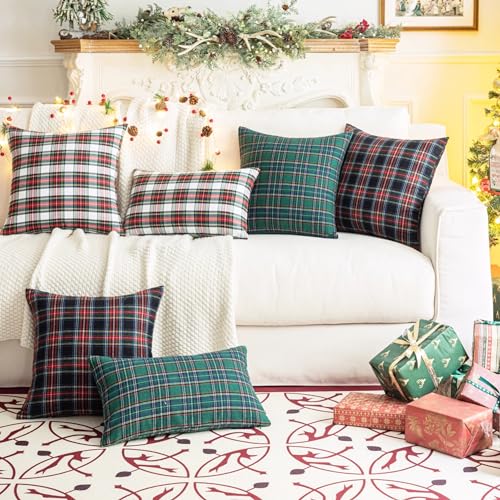 AQOTHES Pack of 2 Christmas Plaid Decorative Throw Pillow Covers Scottish Tartan Cushion Case for Farmhouse Home Holiday Decor Red and White, 18 x 18 Inches