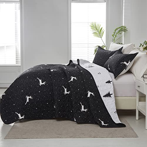 LAMEJOR Christmas Quilt Set Queen Size Black/White Reversible Reindeer/Christmas Tree Pattern Soft Lightweight Bedspreads Coverlet Holiday Season