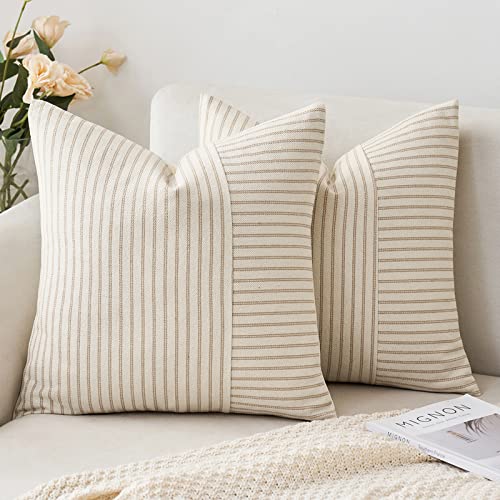 MIULEE Khaki and Beige Patchwork Farmhouse Pillow Covers 18x18 Inch, Pack of 2 Striped Linen Decorative Modern Accent Pillow Cases for Sofa Couch Bedroom