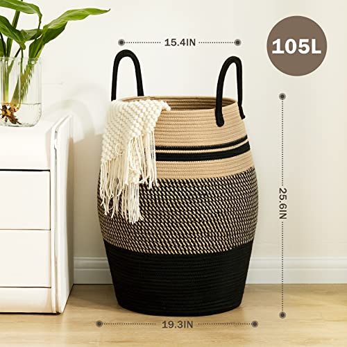 105L Extra Large Laundry Hamper Basket by Fiona's magic, Woven Tall Clothes Hamper for Storage Blanket, Toys and Dirty Cothes in Bedroom and Living Room Organizer, Brown & Black
