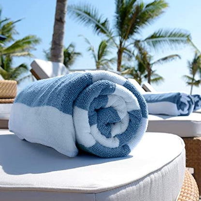 XL Cabana Stripe Cotton Beach Towel Large - Light Blue - Luxury Plush Thick Hotel Swim Pool Towels - 2 Pack