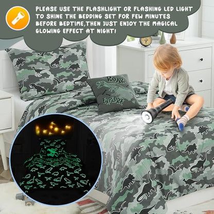 Kaleido Space KALEIDOSPACE Kids Comforter Set Twin Size for Boys, Glow in The Dark Dinosaur Bedding Set Twin-1 Twin Comforter, 1 Decor Pillow, 1 Pillow Sham