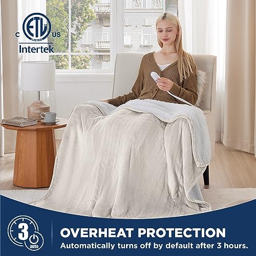 Cream Soft Flannel Electric Throw, Heated Blanket - 50x60 inches