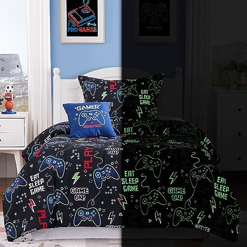 Kaleido Space Kids Comforter Set Twin Size for Boys, Glow in The Dark Black Gamer Bedding Set Twin-1 Twin Comforter, 1 Decor Pillow, 1 Pillow Sham