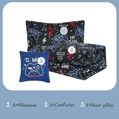 Kaleido Space Kids Comforter Set Twin Size for Boys, Glow in The Dark Black Gamer Bedding Set Twin-1 Twin Comforter, 1 Decor Pillow, 1 Pillow Sham