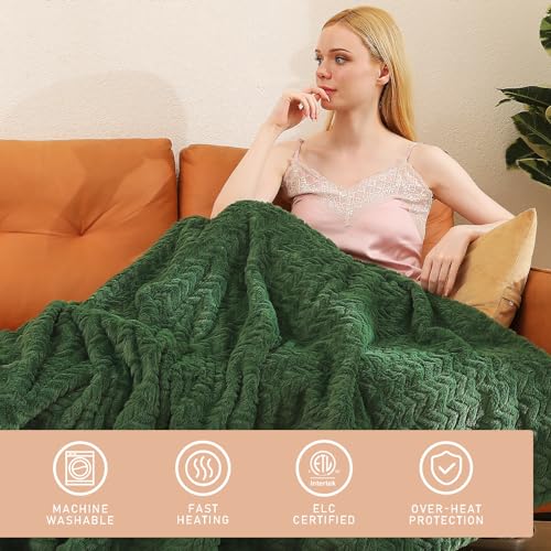 Green Soft Faux Fur Electric Throw, Heated Sherpa Blanket - 50x60 inches