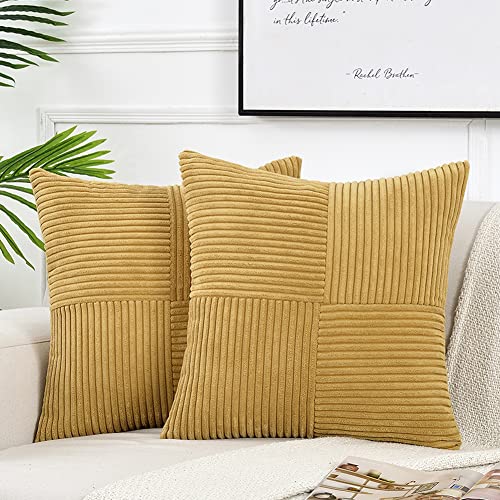 Fancy Homi 2 Packs Mustard Yellow Decorative Throw Pillow Covers 18x18 Inch for Living Room Couch Bed, Farmhouse Boho Home Decor, Soft Corss Corduroy Patchwork Textured Accent Cushion Case 45x45 cm