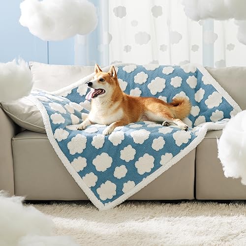 Lesure Waterproof Dog Blanket for Large Dogs - Washable Double Sided Dog Blankets with Warm Jacquard Shag and Soft Sherpa Fleece, Pet Cat Blanket for Couch Protection, 3D Textured Cloud, Blue