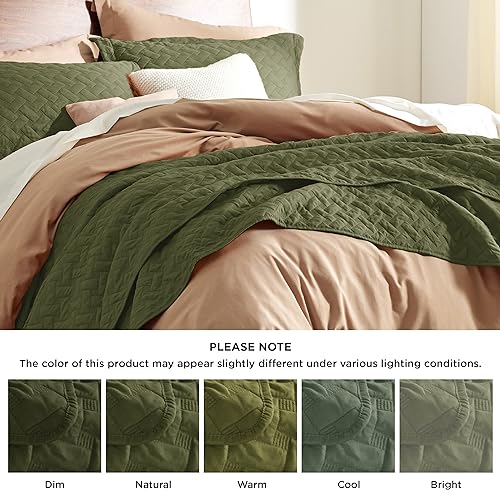 Bedsure Queen Quilt Bedding Set - Lightweight Summer Quilt Full/Queen - Olive Green Bedspread Queen Size - Bedding Coverlet for All Seasons (Includes 1 Quilt, 2 Pillow Shams)