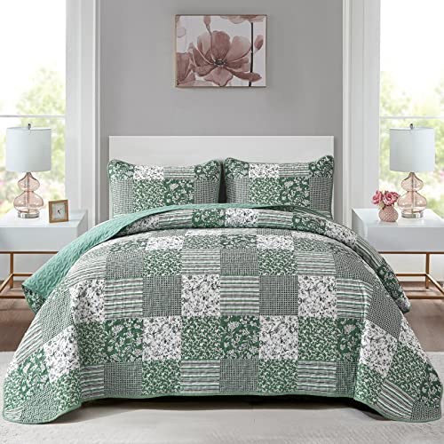 Boho Green Queen Quilt Set - 3-Piece Reversible Soft Plaid Floral Bedding Set with 2 Pillow Shams