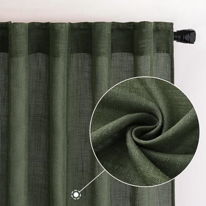 MIULEE Olive Green Linen Curtains 84 Inch Length for Bedroom Living Room, Soft Thick Linen Textured Window Drapes Semi Sheer Light Filtering Back Tab Rod Pocket Burlap Look Christmas Decor, 2 Panels