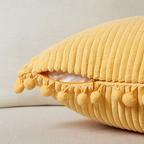 Fancy Homi Pack of 2 Yellow Accent Decorative Throw Pillow Covers with Pom-poms, Soft Corduroy Solid Square Cushion Pillow Case Set for Couch Sofa Bedroom Car Living Room (18x18 Inch/45x45 cm, Yellow)