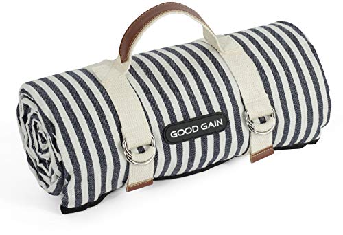 Navy Blue Striped Waterproof Portable Picnic Blanket with Carry Strap