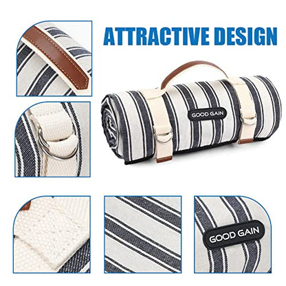 Berry Blue Striped Waterproof Portable Picnic Blanket with Carry Strap