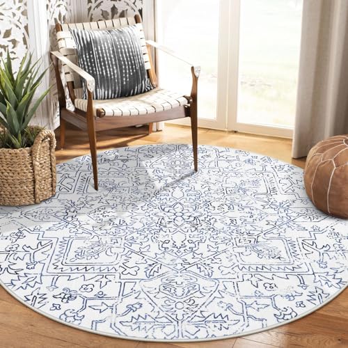 Lahome Boho Washable Circle Rug, Small Round Rugs 5ft for Living Room Farmhouse Soft Round Bedroom Kitchen Rug, Bohemian Non Slip Non-Shedding Dining Room Rugs for Under Table Office